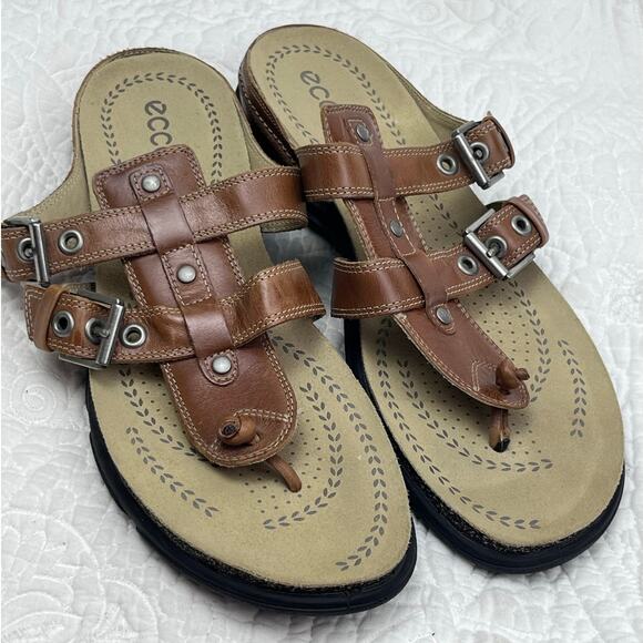 ECCO Women's Size 42 (US 11/11.5) Tan Slip On Comfort Leather Strap Sandals - Picture 1 of 9